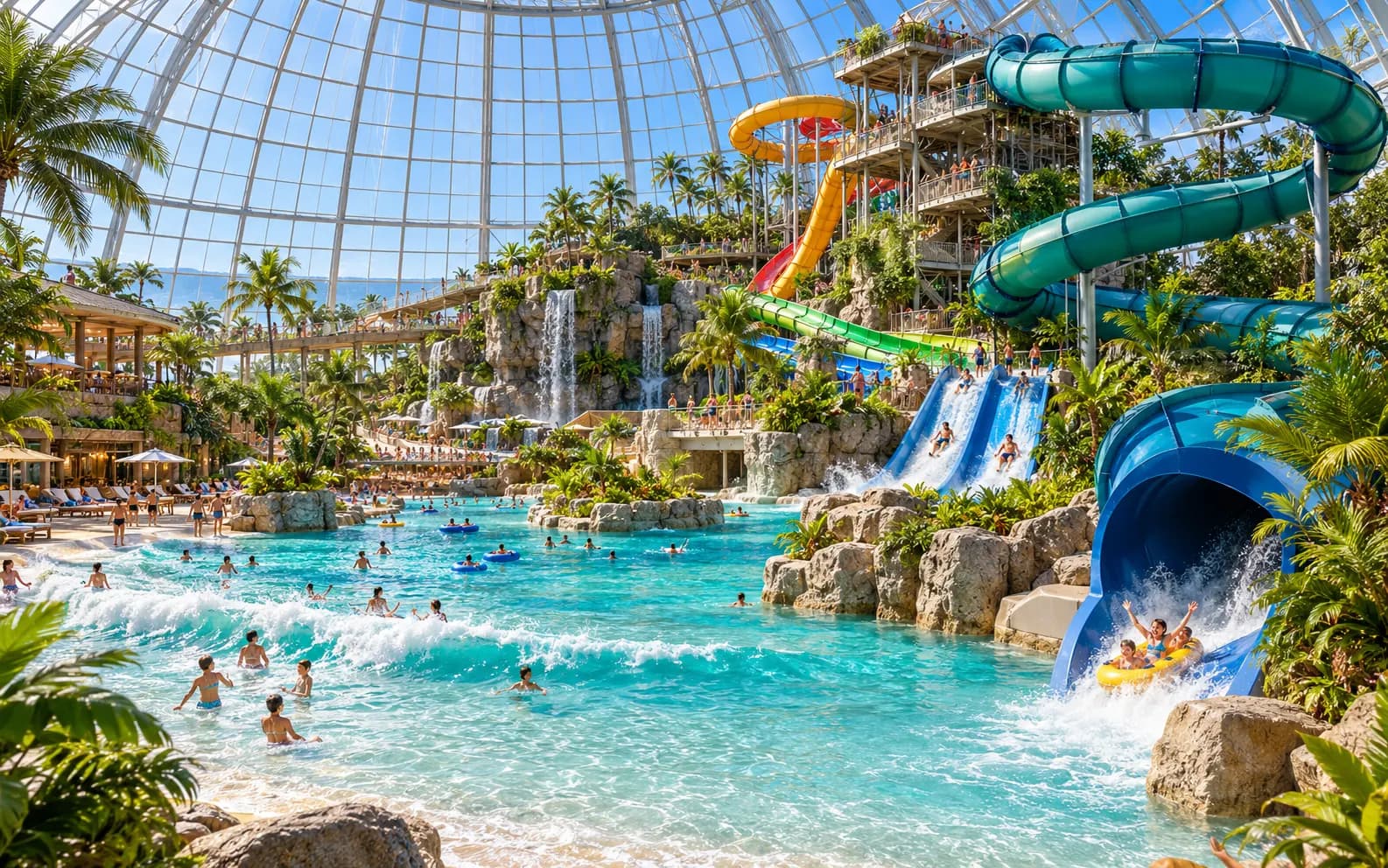 Water park under a large glass dome