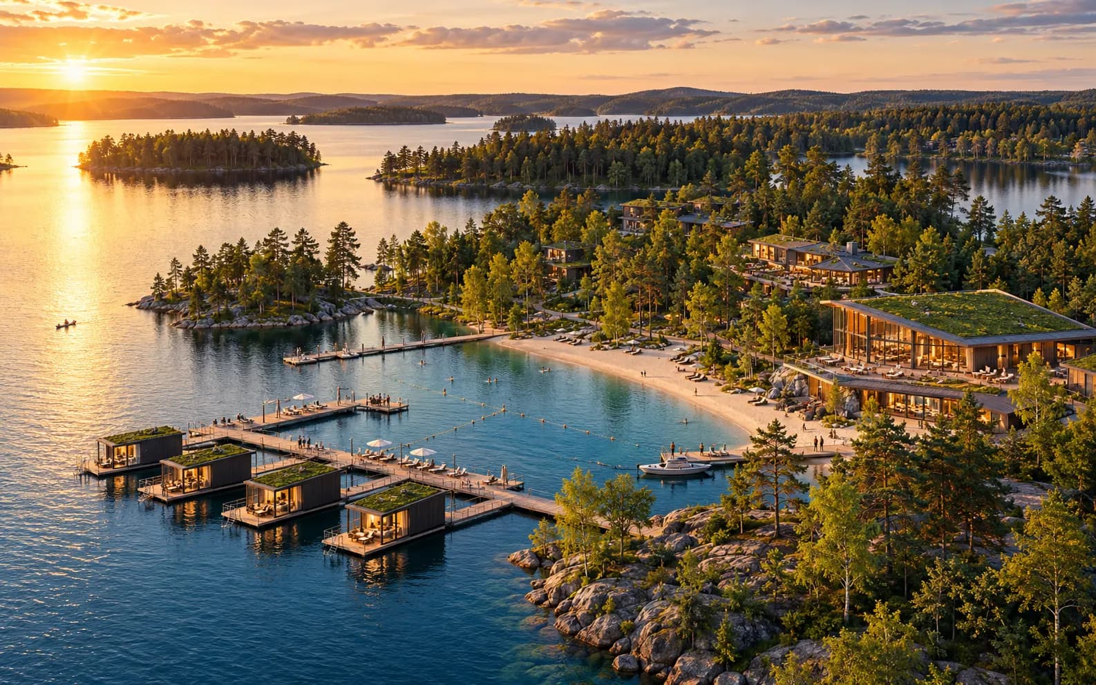 Holiday resort by the lake with woods and a lakeside meadow