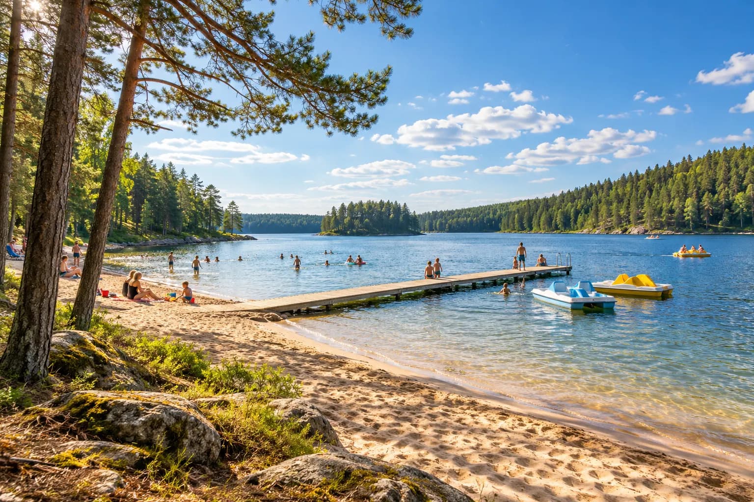 Sandy beach by the lake with a jetty